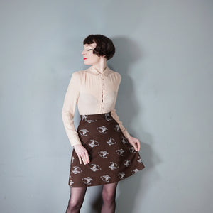 70s BROWN WHITE PONTE KNIT NOVELTY LADY PATTERN SKIRT - 25.5"