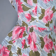 Load image into Gallery viewer, 50s PASTEL BLUE AND PINK ROSE PRINT SWEETHEART COTTON PARTY DRESS - S-M