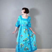 Load image into Gallery viewer, HANDMADE 70s VIVID TURQUOISE EMBROIDERED MEXICAN MAXI DRESS - S