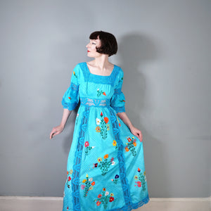 HANDMADE 70s VIVID TURQUOISE EMBROIDERED MEXICAN MAXI DRESS - S