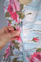 Load image into Gallery viewer, 50s PASTEL BLUE AND PINK ROSE PRINT SWEETHEART COTTON PARTY DRESS - S-M