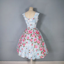 Load image into Gallery viewer, 50s PASTEL BLUE AND PINK ROSE PRINT SWEETHEART COTTON PARTY DRESS - S-M