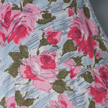 Load image into Gallery viewer, 50s PASTEL BLUE AND PINK ROSE PRINT SWEETHEART COTTON PARTY DRESS - S-M
