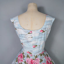 Load image into Gallery viewer, 50s PASTEL BLUE AND PINK ROSE PRINT SWEETHEART COTTON PARTY DRESS - S-M