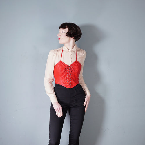 80s 90s BOLD RED LEATHER LACE UP CORSET HALTER TOP - S