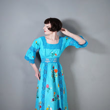 Load image into Gallery viewer, HANDMADE 70s VIVID TURQUOISE EMBROIDERED MEXICAN MAXI DRESS - S