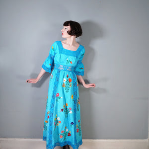 HANDMADE 70s VIVID TURQUOISE EMBROIDERED MEXICAN MAXI DRESS - S