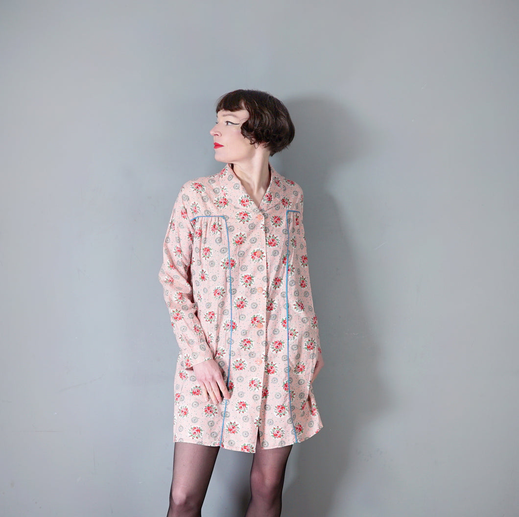 40s LINENIDE PINK ROSE FLORAL COTTON HOUSE SMOCK - M