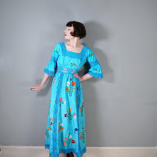 Load image into Gallery viewer, HANDMADE 70s VIVID TURQUOISE EMBROIDERED MEXICAN MAXI DRESS - S