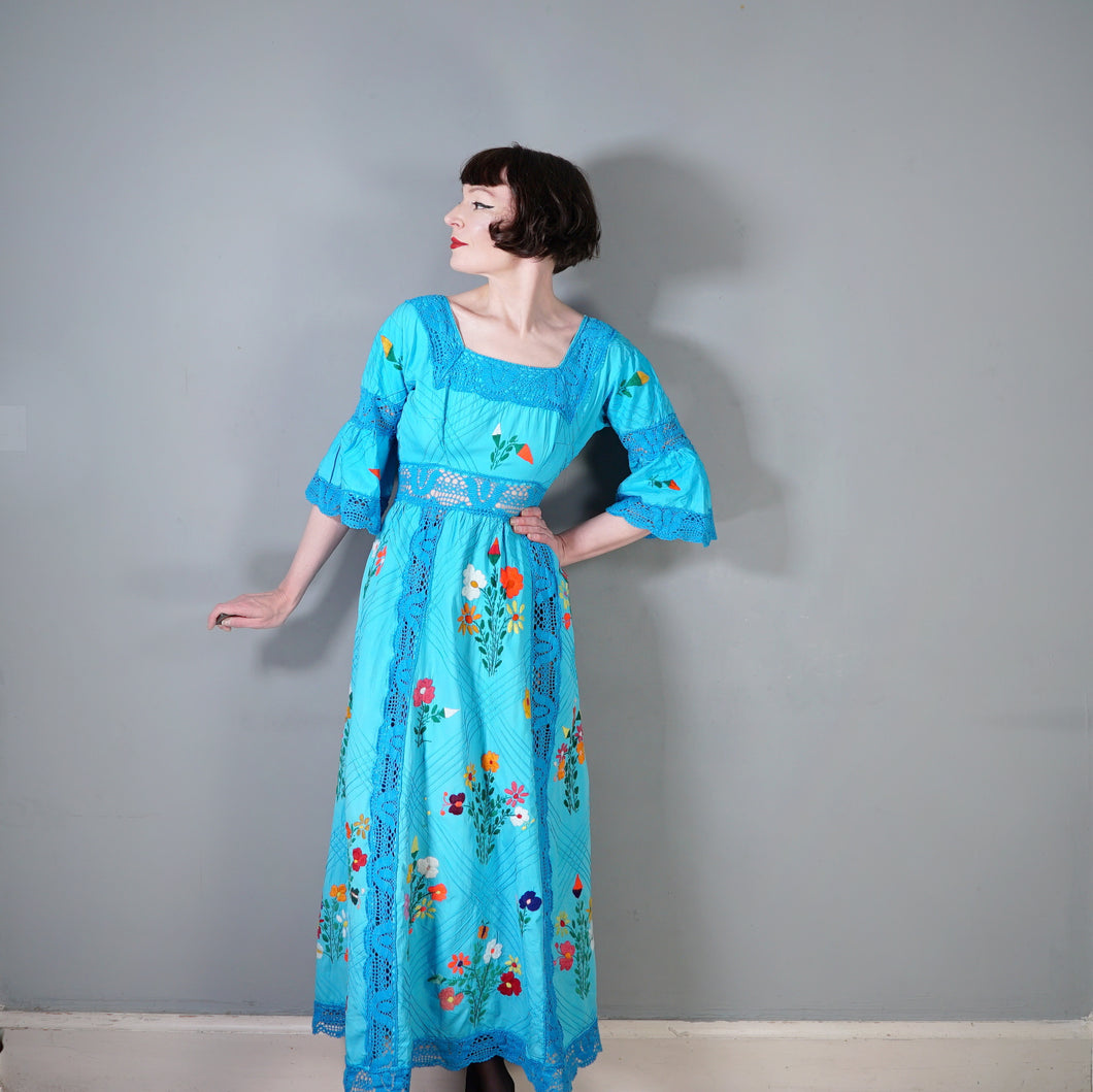 HANDMADE 70s VIVID TURQUOISE EMBROIDERED MEXICAN MAXI DRESS - S