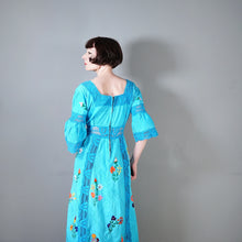 Load image into Gallery viewer, HANDMADE 70s VIVID TURQUOISE EMBROIDERED MEXICAN MAXI DRESS - S