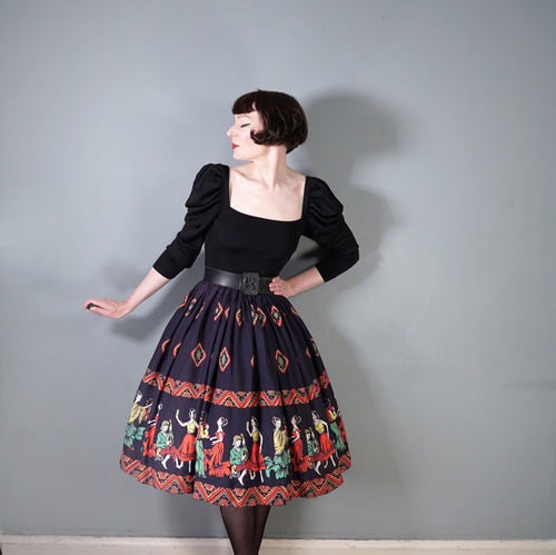 40s 50s BLACK LATIN MUSICIANS AND DANCERS PRINT FULL SKIRT - 25.5