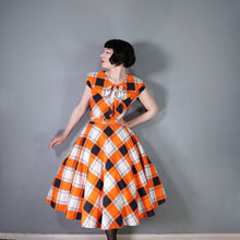 Load image into Gallery viewer, 50s BLACK, WHITE AND ORANGE CHECK DRESS WITH BIG COLLAR AND FULL SKIRT - S