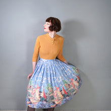 Load image into Gallery viewer, 50s LIGHT BLUE SCENIC SAIL BOAT HARBOUR PRINT NOVELTY FULL SKIRT - 25"