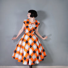 Load image into Gallery viewer, 50s BLACK, WHITE AND ORANGE CHECK DRESS WITH BIG COLLAR AND FULL SKIRT - S