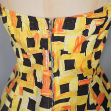 Load image into Gallery viewer, 50s YELLOW AND BLACK PRINT SKIRTED COTTON SWIM DRESS / SUMMER TOP - S