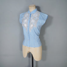 Load image into Gallery viewer, 50s PASTEL BLUE LACE AND MESH SLEEVELESS COTTON BLOUSE - S