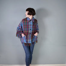 Load image into Gallery viewer, 70s BLUE PLAID FRINGE WOOL CAPE / BLANKET COAT WITH FITTED CUFFS - S-M