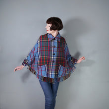 Load image into Gallery viewer, 70s BLUE PLAID FRINGE WOOL CAPE / BLANKET COAT WITH FITTED CUFFS - S-M