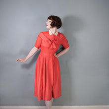Load image into Gallery viewer, 40s CORAL SILKY RAYON TEA DRESS WITH BOW AND PETER PAN COLLAR - M