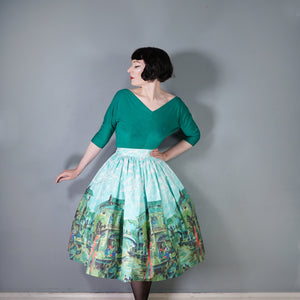 50s BLUE GREEN SCENIC VENICE BORDER PRINT NOVELTY SKIRT - 27"