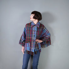 Load image into Gallery viewer, 70s BLUE PLAID FRINGE WOOL CAPE / BLANKET COAT WITH FITTED CUFFS - S-M