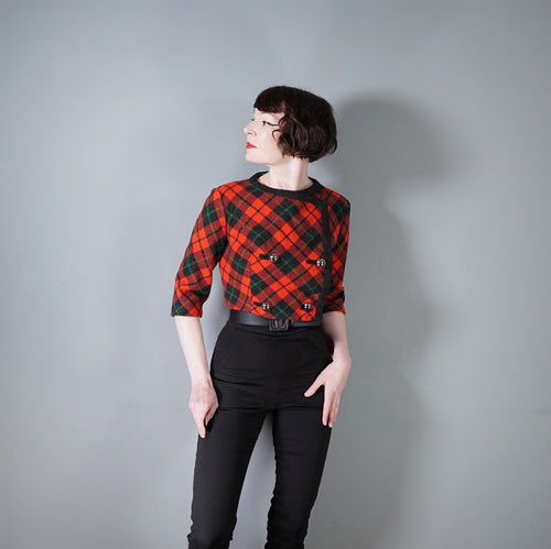 60s FRENCH CROPPED RED TARTAN PLAID WOOL JACKET - M