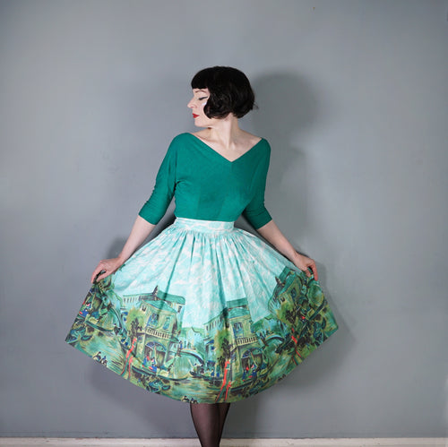 50s BLUE GREEN SCENIC VENICE BORDER PRINT NOVELTY SKIRT - 27