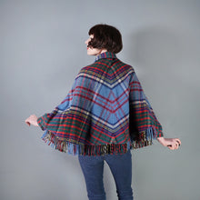 Load image into Gallery viewer, 70s BLUE PLAID FRINGE WOOL CAPE / BLANKET COAT WITH FITTED CUFFS - S-M