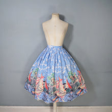 Load image into Gallery viewer, 50s LIGHT BLUE SCENIC SAIL BOAT HARBOUR PRINT NOVELTY FULL SKIRT - 25"