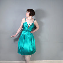 Load image into Gallery viewer, 60s BLANES GREEN SATIN COCKTAIL DRESS WITH FLORAL APPLIQUE BUST - S