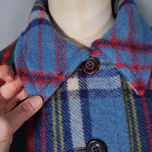 Load image into Gallery viewer, 70s BLUE PLAID FRINGE WOOL CAPE / BLANKET COAT WITH FITTED CUFFS - S-M
