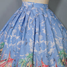 Load image into Gallery viewer, 50s LIGHT BLUE SCENIC SAIL BOAT HARBOUR PRINT NOVELTY FULL SKIRT - 25"