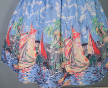 Load image into Gallery viewer, 50s LIGHT BLUE SCENIC SAIL BOAT HARBOUR PRINT NOVELTY FULL SKIRT - 25"
