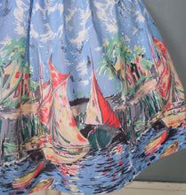 Load image into Gallery viewer, 50s LIGHT BLUE SCENIC SAIL BOAT HARBOUR PRINT NOVELTY FULL SKIRT - 25"