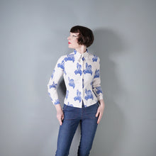 Load image into Gallery viewer, 70s BETTY BARCLAY SHIRT BLUE WHITE VAN AND MOD PRINT SHIRT - S