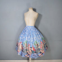 Load image into Gallery viewer, 50s LIGHT BLUE SCENIC SAIL BOAT HARBOUR PRINT NOVELTY FULL SKIRT - 25"