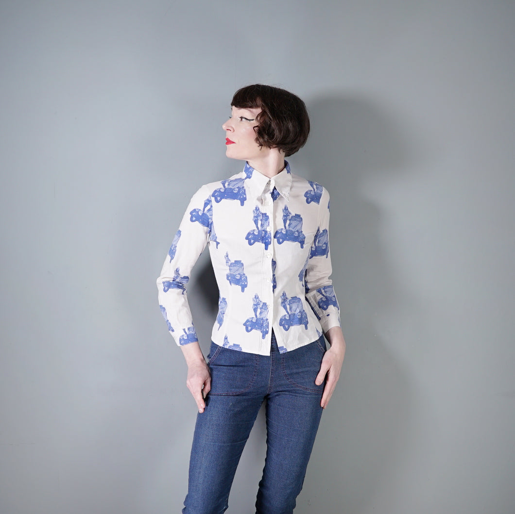 70s BETTY BARCLAY SHIRT BLUE WHITE VAN AND MOD PRINT SHIRT - S