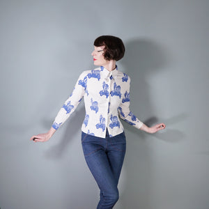 70s BETTY BARCLAY SHIRT BLUE WHITE VAN AND MOD PRINT SHIRT - S