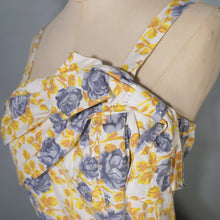 Load image into Gallery viewer, 50s ALICE EDWARDS YELLOW AND BLUE-GREY ROSE PRINT COTTON DRESS - M