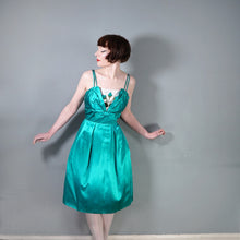 Load image into Gallery viewer, 60s BLANES GREEN SATIN COCKTAIL DRESS WITH FLORAL APPLIQUE BUST - S