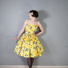 Load image into Gallery viewer, 60s STRAPPY TIE SHOULDER BRIGHEST YELLOW FLORAL SUN DRESS - XS-S