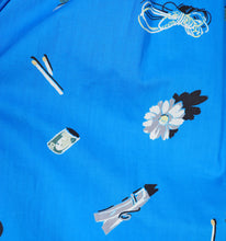 Load image into Gallery viewer, 50s BLUE WHIMSICAL NOVELTY PRINT DRESS WITH FULL SKIRT AND SHAWL NECK - S