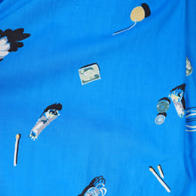 Load image into Gallery viewer, 50s BLUE WHIMSICAL NOVELTY PRINT DRESS WITH FULL SKIRT AND SHAWL NECK - S