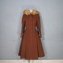 Load image into Gallery viewer, 60s 70s ELGEE BROWN FIT AND FLARE WOOL COAT WITH FAUX FUR HOOD - S