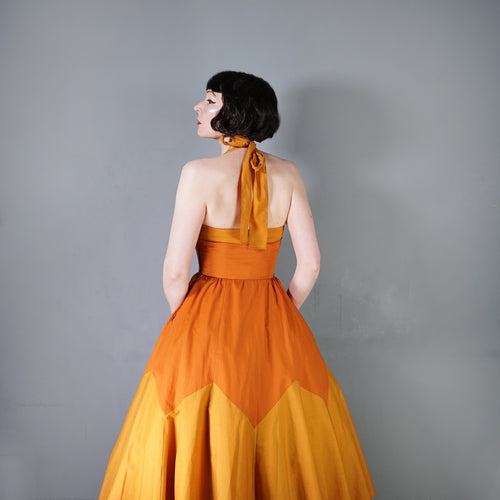 70s JOHN MARKS RUST AND ORANGE FULL SKIRTED HALTER DRESS - XS-S
