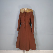 Load image into Gallery viewer, 60s 70s ELGEE BROWN FIT AND FLARE WOOL COAT WITH FAUX FUR HOOD - S