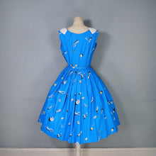 Load image into Gallery viewer, 50s BLUE WHIMSICAL NOVELTY PRINT DRESS WITH FULL SKIRT AND SHAWL NECK - S