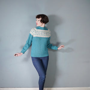 80s PITLOCHRY SHETLAND LIGHT TEAL WOOL FAIRISLE JUMPER - M