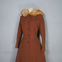 Load image into Gallery viewer, 60s 70s ELGEE BROWN FIT AND FLARE WOOL COAT WITH FAUX FUR HOOD - S